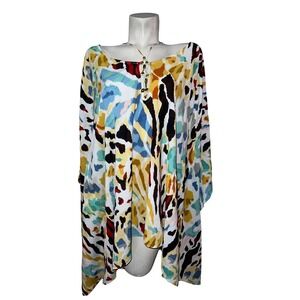 by Anthropologie Abstract Print Kaftan Tunic Top Beaded Neckline Oversized XL